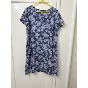 Pure Jill Dress Size M 100% Linen Blue Floral Lined W/Cotton‎ Knee Short Sleeve
